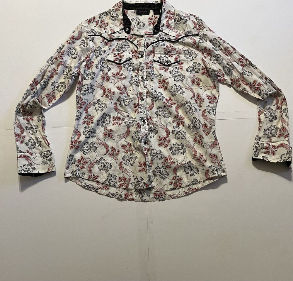 Wrangler Western Snap Shirt Large – White Red Black Floral Print Cowgirl Women’s